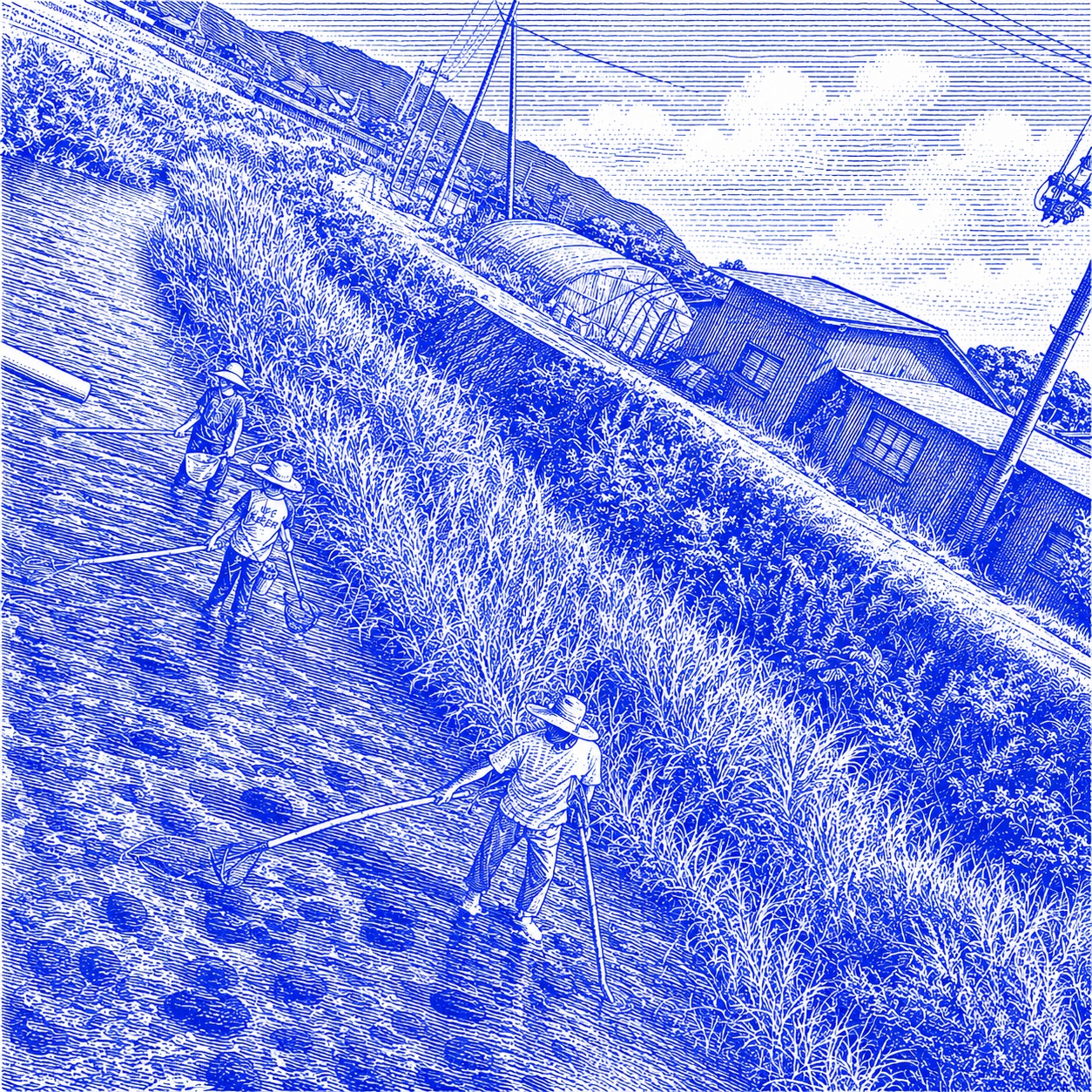 Cobalt engraving of a quiet house near fields and mountains.