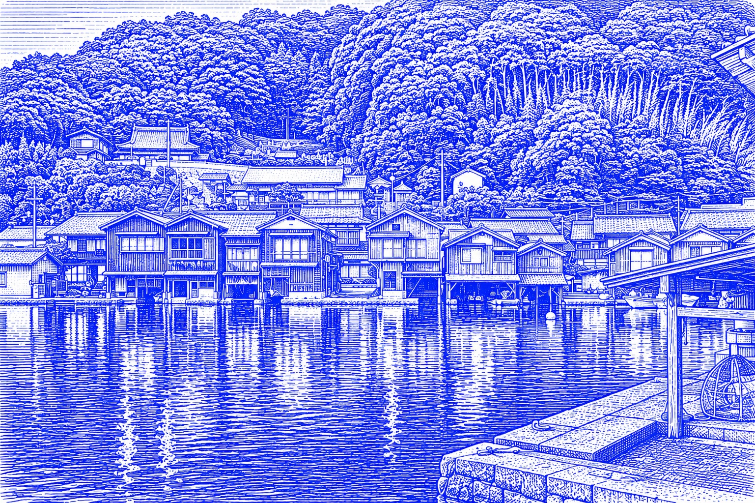 Cobalt engraving of Ine boathouses lining a quiet bay.