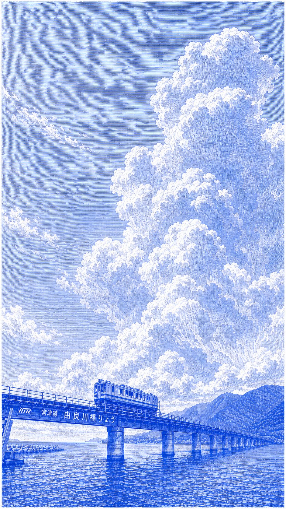 Cobalt engraving of a one-car train crossing a bridge under towering clouds.